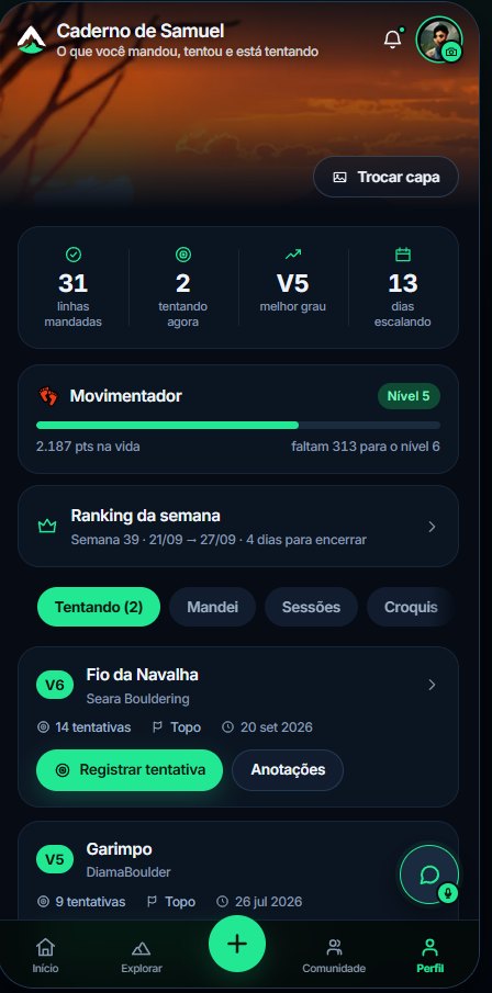 Caderno do escalador mostrando projetos, tentativas e anotações